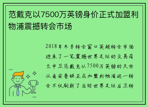 范戴克以7500万英镑身价正式加盟利物浦震撼转会市场